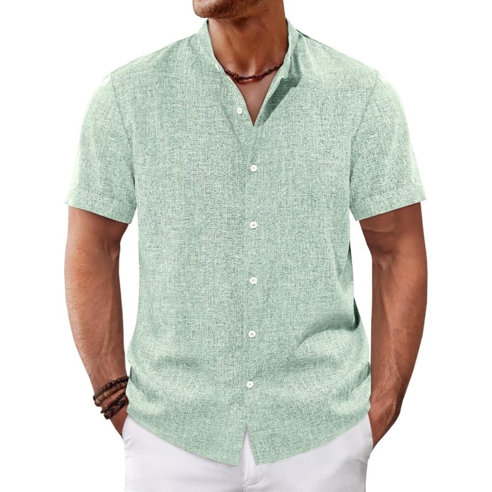 💫 Men Green Casual Button Down Shirts Short Sleeve Banded Collar Hippie Tops